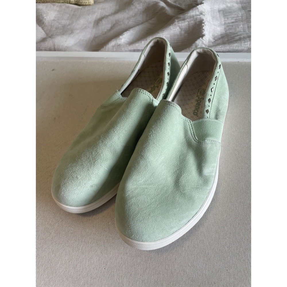 Spenco Orthopedic Suede Loafer Slip Ons Womens 12 Mint Green Studded Comfort